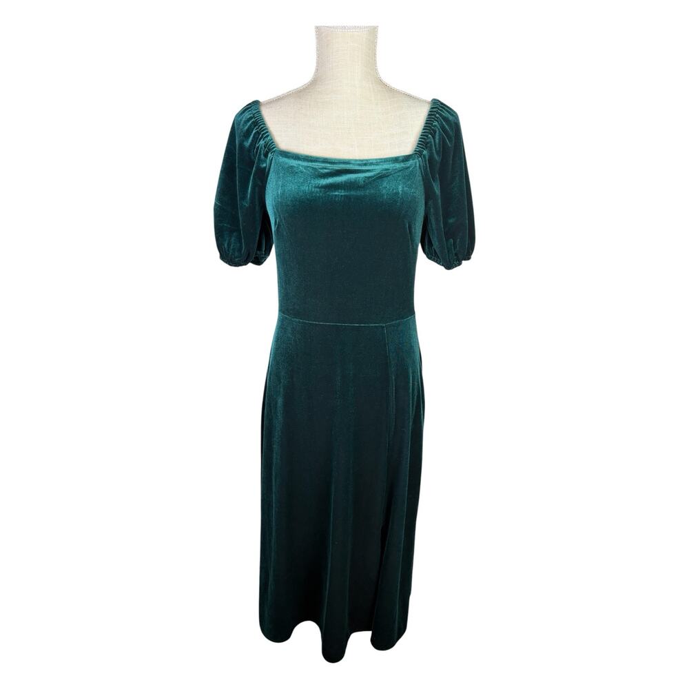 LOFT Velvet Puff Sleeve Square Neckline Midi Dress Women's 4 Emerald Green - Picture 2 of 9
